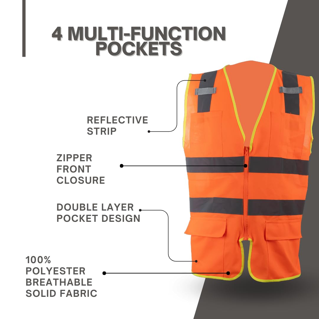 Homiegear High Visibility Reflective Safety Vest | Class 2 High Visibility Zipper Front Safety Vest With Reflective Strips | Construction ANSI Class 2 Work Vest for Men & Women (Orange, L)