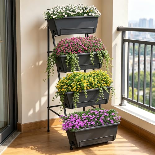 OYEAL Raised Garden Bed 4 Tier Vertical Garden Planter Indoor Outdoor Raised Planter Box with Legs Elevated Herb Garden Planters for Flowers Vegetables Plants, Grey