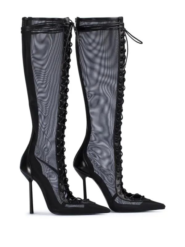 Saint Leia Women's Knee High Boots Pointed Toe Lace Up Stiletto Heel Fashion Elegant Long Boots