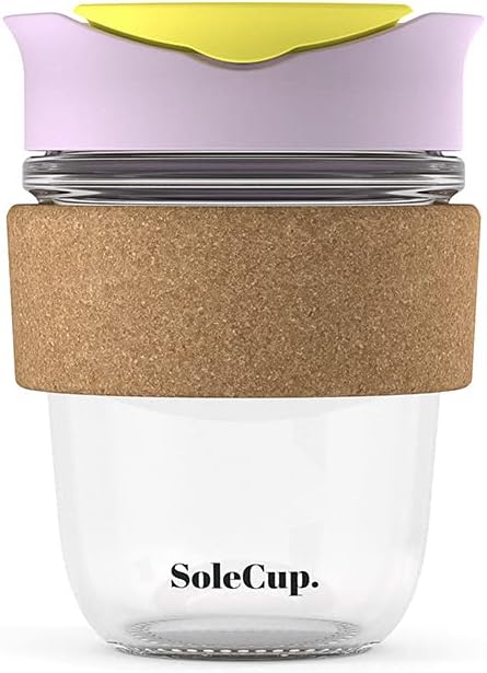 SoleCup. - Reusable Strengthened Glass Travel Cup - Spill Proof Insulated Coffee Mug - 12oz/340ml BPA-Free Hot Drink Travel Mug with Lid & Cork Band (Ice Cream, 12oz)