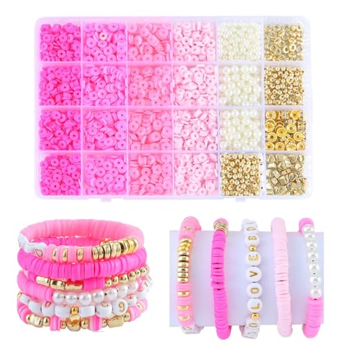 Image of MAGHROLA Pink Clay Beads Kit for Bracelets Making, Polymer Heishi Beads for Jewelry Making, Friendship Bracelet Kit for Girls Adults, Spacer Pearl Beads for Necklace Earring DIY (DIYBeadsSet-1) (Pink)