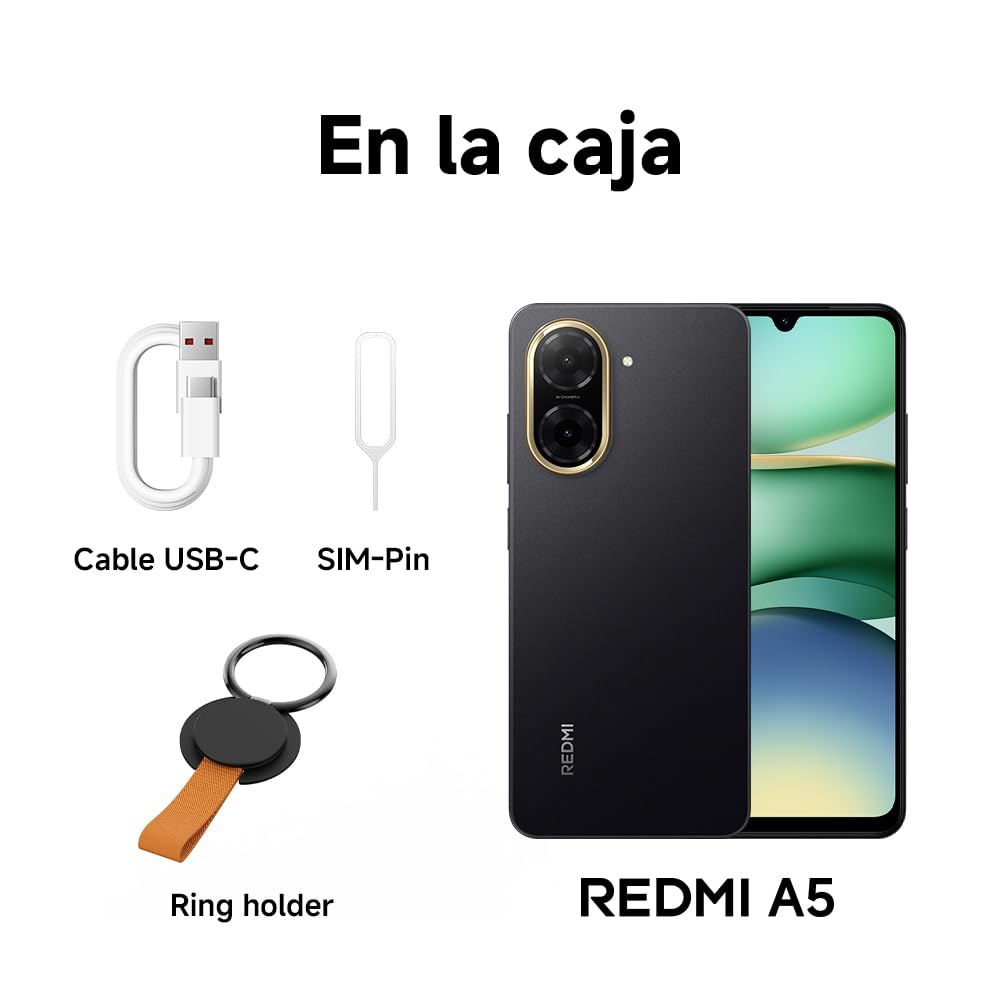 XIAOMI Redmi A5 - Smartphone de 4+128GB, Pantalla inmersiva de 6,88" 120 Hz, Potente procesador octa core, Cámara dual AI de 32 MP, 5200 mAh, cargador no incluido, negro (Versión ES)