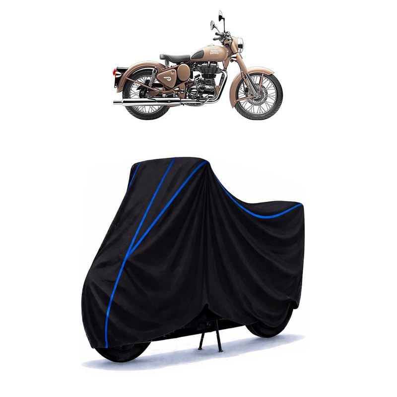 Image of Classic 500 Desert Storm Bike Cover Water Resistant Universal Motorcycle Rain | Heavy Duty UV Protection, Dust, Scratch Indoor Outdoor All Weather with Black Blue Piping Elastic