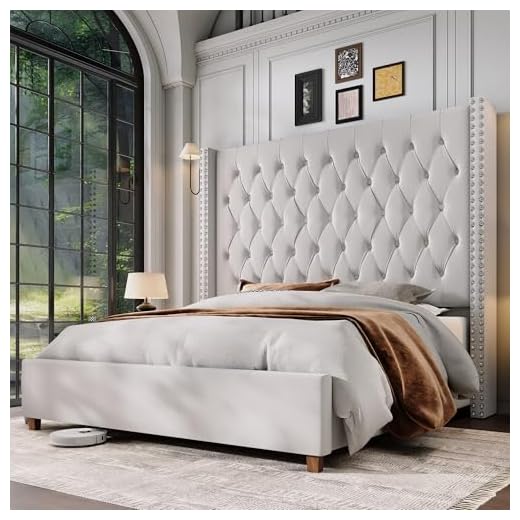 Jocisland King Size Bed Frame with 61.4" Tall Headboard, Velvet Upholstered Wingback Platform Design, Handcrafted Pleats& Deep Button Tufted, Solid Wood Legs, No Box Spring Needed, Cream