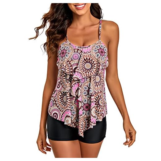 FLYILY Trajes de baño Tankini de 2 Piezas para Mujer Top con Estampado de Volantes y bañadores Traje de baño de Talla Grande(Redbrown,2XL)