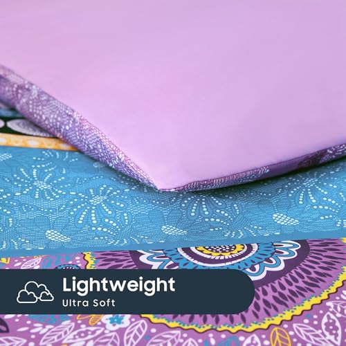 Image of Wake In Cloud - Boho Comforter Set, Bohemian Chic Colorful Medallion with Geometric Botanical Flowers and Horizontal Stripes, Soft Lightweight Bedding, 3 Pieces, Purple, King Size