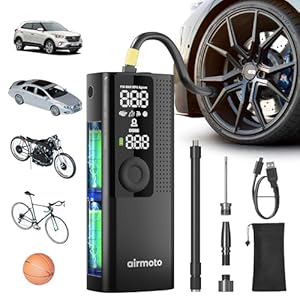 Airmoto Compresor de aire portátil para inflador de neumáticos, bomba de aire para neumáticos de automóvil con manómetro digital, luz LED y función de apagado automático, bomba inalámbrica para