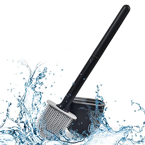 Brosse Toilette Silicone ,Brosse WC Mural,Brosse De Toilette à Long Manche De Salle De Bain à SéChage Rapide,Brosses Toilette Plate Et Supports Et Base Anti-Goutte(Noir)
