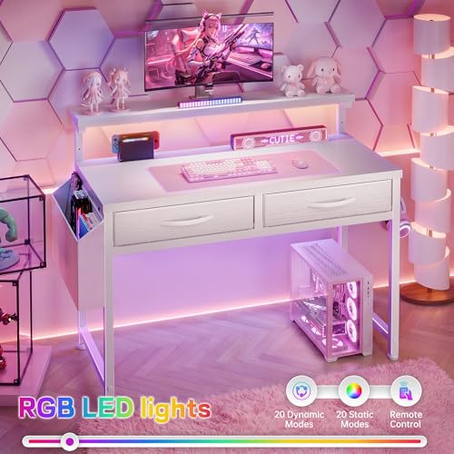 Image of DurayLoly 32 inch Computer Desk with 2Drawers and Side Pocket for Teenagers,Office Desk with Monitor Stand and LED Lights, Study Writing Table with Anti-Tip Design for Small Spaces,Glacier White