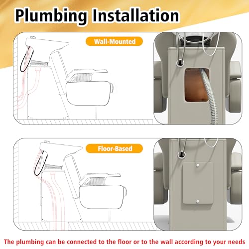 Image of KIGOTY Salon Shampoo Backwash Chair, Shampoo Bowl and Chair Set, Hair Washing Station with Large Adjustable Ceramic Bowl, Shampoo Bowl Sink Chair for Salon (Oatmeal)