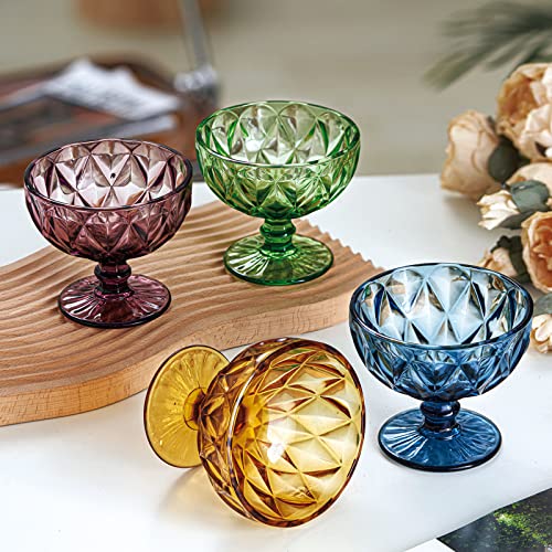 Timefoto Ice Cream Glass Bowls Set Of 4 Colored Dessert Bowls 7.5 Oz Vintage Diamond Glass With Footed Sundae Snack Cups For Farmhouse Holiday Party #TOP4