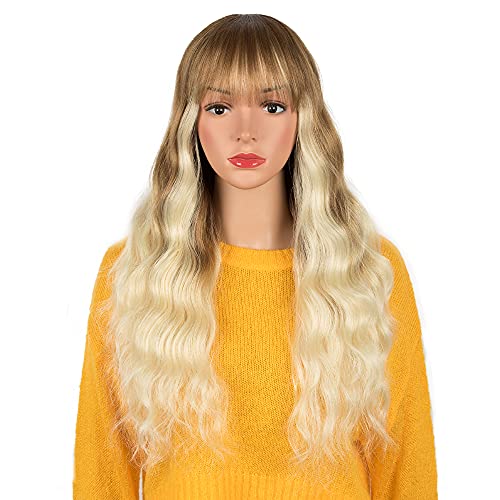 NOBLE Bleach Blonde Wavy Wig with Bangs for White Women 26" Long Wavy Ombre Wigs with Air Bangs Heat-Resistant Synthetic Fiber Wigs for Daily Party Cosplay Costume Wigs
