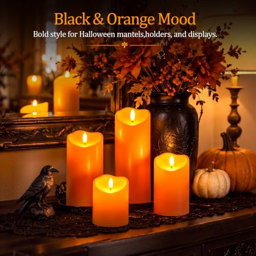 Image of Homemory Halloween Orange Waterproof LED Candles, Remote Timer, Set of 6 | Flameless candles, D3 x H4 /4 /5 /6 /8 /8 in, plastic shell, indoor outdoor fall decor, porch, patio, pathway and lanterns