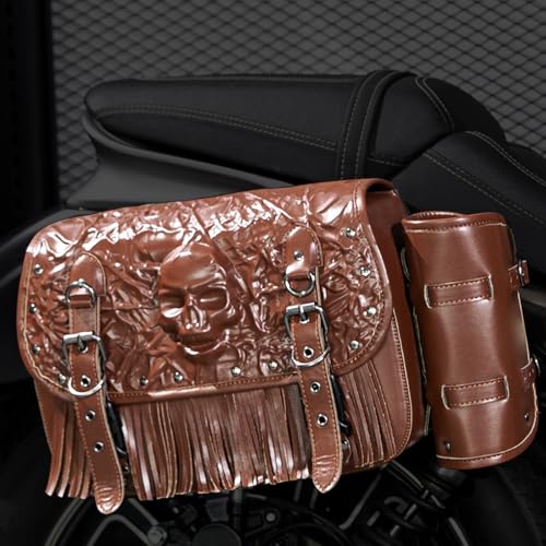 Alforja para Motocicleta Vintage con Diseño en Relieve de Calavera 3D, Bolsa Impermeable de Cuero Sintético para Manillar, Universal miniatura 3