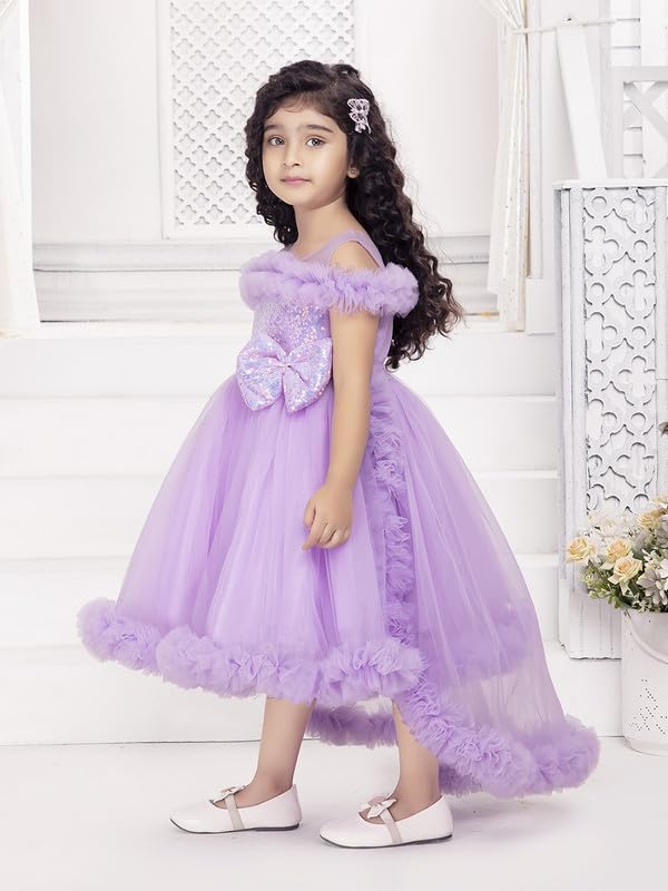 Image of Ministitch Kids Girls Barbi Tail Look Sequence Yoke Net Off Shoulder Party Bithday wear Frock and Dresses