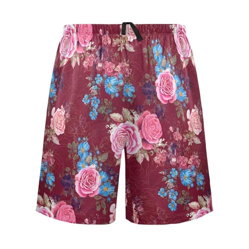 Rose Floral Red Pajama Shorts for Men Lounge Pants Sleep Lounge Pant Mens Casual Pajama Shorts with Pockets, S-XXL-XXL
