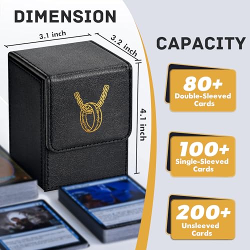 Image of ZLCA Card Deck Box for MTG with 2 Dividers, Card Storage Box Fits 100+ Single Sleeved, PU Leather TCG Deck Case Holder for Magic Commander Yugioh (Black,Ring)