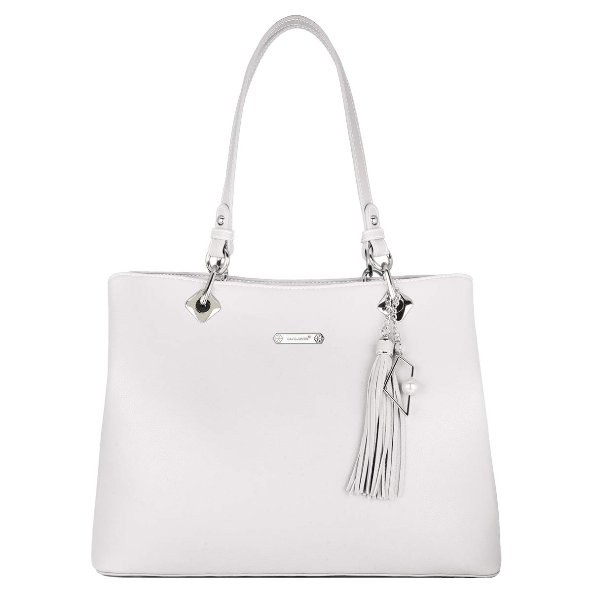 David Jones Bolso de Hombro Grande Mujer - Bolso de Mano Cuero PU - Totalizador Asas Largas - Tote Shopper Bag Piel Trabajo Muchos Bolsillos Compartimentos - Blanco