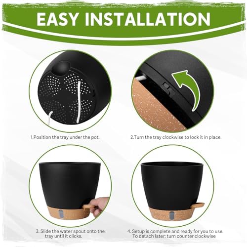 Self Watering Pots for Indoor Plants (5/5.5/6/6.5/8 Inch), Terra Cotta Planters with Water Level Indicator & Drainage,Wicking Pots for Monstera, Herbs & Snake Plant (Black, 5/5.5/6/6.5/8 Inch) - 2