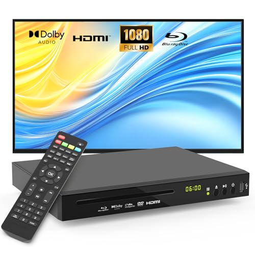 Blu Ray Player Dolby Digital TrueHD/DTS and 1080P Full HD, Plays Region A/1 Blu-Rays and All DVDs, Supports 128GB USB Playback + HDMI/AV/Coaxial Output + Built-in NTSC/PAL with HDMI/AV Cable