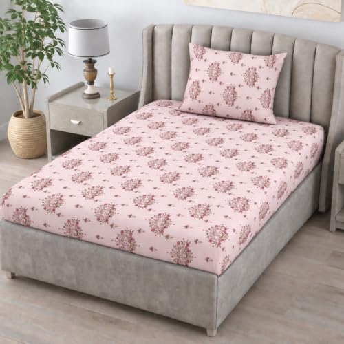 Image of Bombay Dyeing Single Cotton 164 TC Floral Bedsheet, 100% Cotton, Premium Soft Feel, Quality Stitch & Fade Resistant, 152 X 228 Cms / 60 x 90 Inches, with 1 Pillow Covers, 60 Pink
