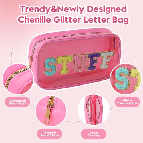 Swim Chenille Letter Makeup Bag,Waterproof Cute Women Clear Cosmetic Bags Sunscreen Organizer for Beach Pool Swimming Team Swimmers,Travel Toiletry SPF Zipper Pouches for Teen Girls (PINK-SWIM)3