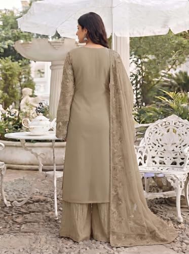 Image of RUDRAPRAYAG Women's Georgette Fabric Wih Embroidered Sequence Work And On Neck Moti Hand Work Semi Stitched Sharara Salwar Suit With Dupatta Set