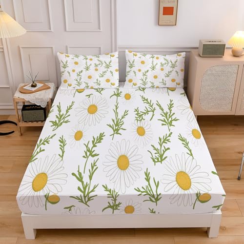 Sábana Ajustable 3 Piezas, Campo Flores Manzanilla Pétalos Estampado, Blanco Sábana Ajustable Suave Lavable máquina, 105x190cm Fácil Cuidado para Adolescentes Cama 105
