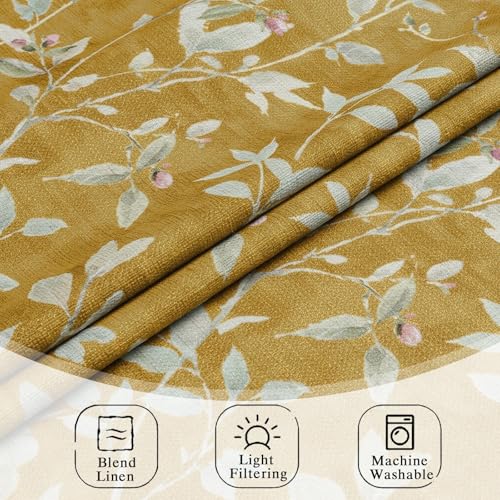 Image of Chyhomenyc Light Filtering 84 Inch Window Curtains - Linen Blend Floral Printed Curtains Drapes for Living Room, Soft Farmhouse Curtain for Bedroom, 52Wx84L Inch, 2 Panels, Gold