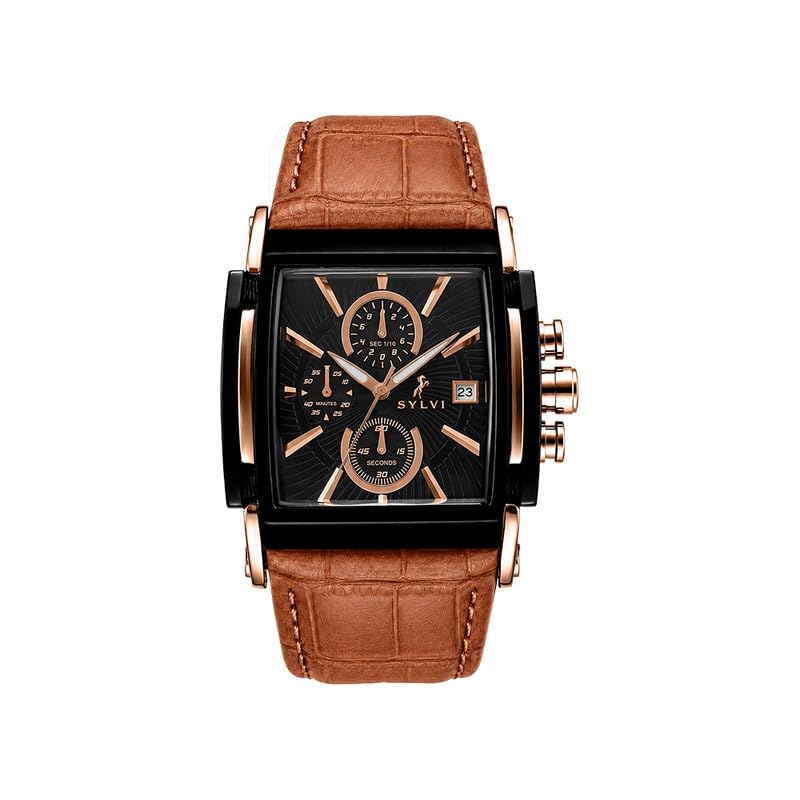 Dominator Chronograph Watch for Men Rectangle Dial 45mm Genuine Leather Strap Analog Date Display Black Rosegold 3ATM-image-21