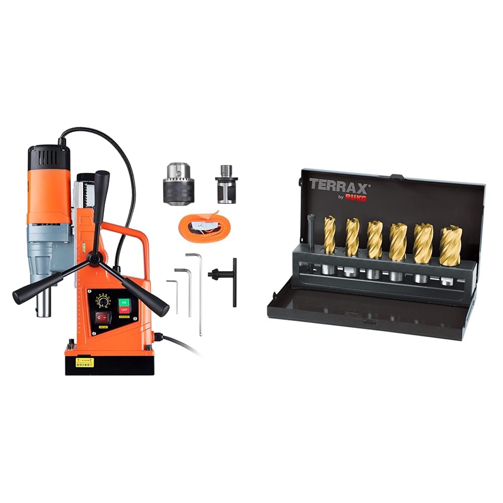 VEVOR Profi Kernbohrmaschine Magnetbohrmaschine 1550 W Ruko Terrax A108820T 7-teiliges Set Bohrkrone Tin Ø 12–22 mm