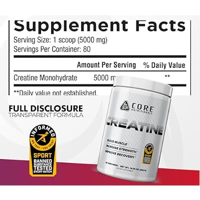 Core Nutritionals Creatine Monohydrate | Increase Strength, Build Muscle, Improve Recovery | 5g Creatine | 80 Servings (Unflavored)
