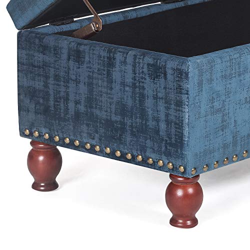 Asense Linen Fabric Rectangle Tufted Lift Top Storage Ottoman Bench, Footstool with Solid Wood Legs Upholstered Storage Bench (Dark Steelblue)