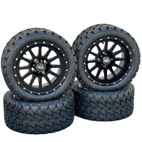 14 Inch Glossy Black Cascade Golf Cart Wheels & Tires Set of 4, 22x10-14 Golf Cart Tires and Wheels Compatible with EZGO, Club Car, YMH, 5 or 6