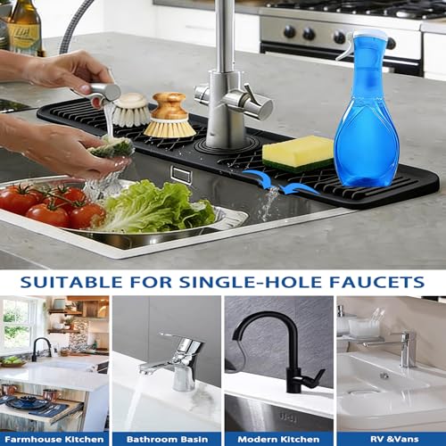 Image of EBIGIC 24 Inch Silicone Faucet Mat for Kitchen Sink, 7 Slope Fast Self-Draining Sink Splash Guard, Kitchen Sink Water Catcher Organizer, Kitchen Sink Accessories (Black, 24''x5.6'')