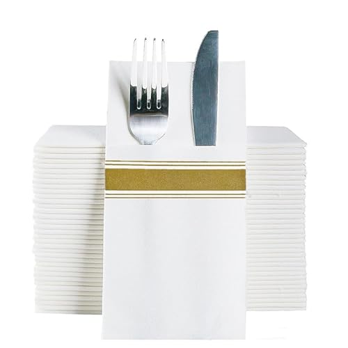 DADAWU Disposable Gold Dinner Napkins with Pre-folded Utensil Pocket for Cutlery, Thick Absorbent Durable Wood Pulp,Suitable for Dinner Birthday Party BBQ Wedding Table Setting 50pcs