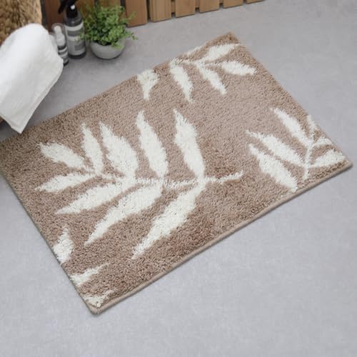 洗える バスマット 50cm×70cm 「fern(ファーン)」 滑り止め 日本製 抗菌 防臭 吸水 速乾 大き目 大判 大きい 厚手 バス ラグ リーフ ギフト 洗濯 大きめ おおきめ 50×70 ピンク ベージュ かわいい 足元 足下 床 風呂 洗面所