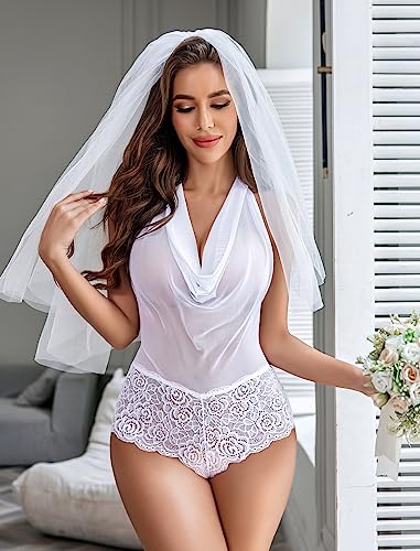 Image of Avidlove Women Sexy Lingerie Teddy One Piece Lace Halter Babydoll Bodysuit | Lace-up Teddies Lingerie V Neck Hollow out Mesh Body suit Naughty Outfits Nightwear