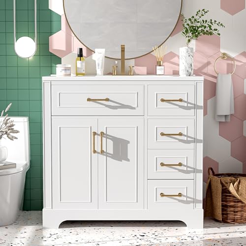 36 Inch White Bathroom Vanity with Left Side Ceramic Sink & Spaci...