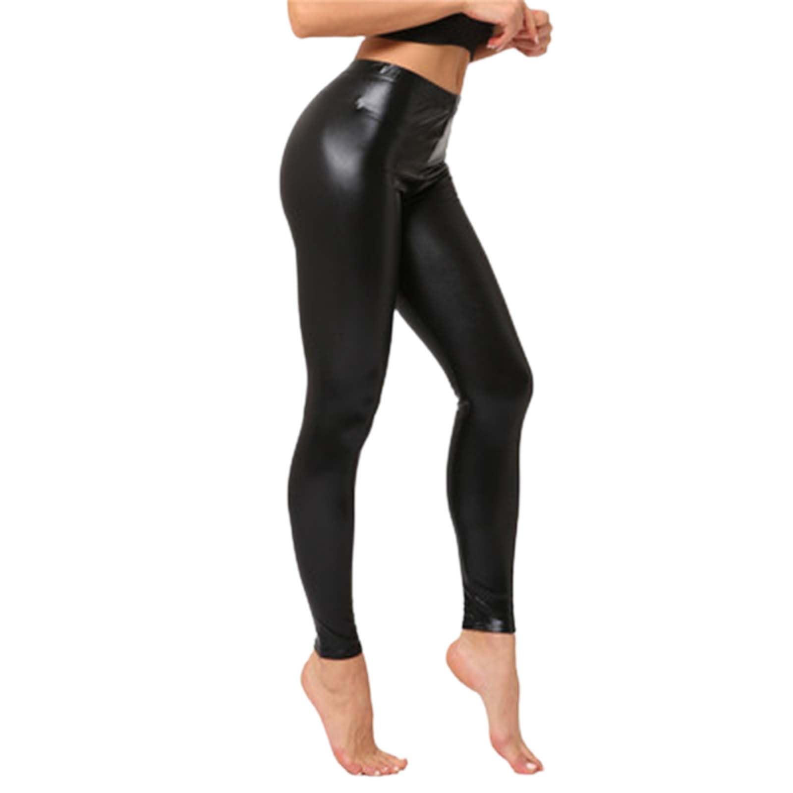 Ladies 80s Retro Metallic Shiny Wet Look Leggings Adult Disco Fancy Dress Costume Womens Outfit Pants Black