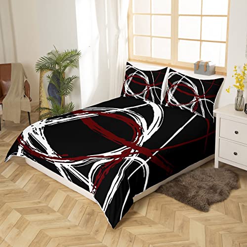 Castle Fairy Black White Red Lines Bedding Set,Circles Line Duvet Cover For Kids Teen Boys Girls,Modern Geometry Comforter Cover Decorative Room,Abstract Art Quilt Cover With 2 Pillowcases,King Size #TOP2