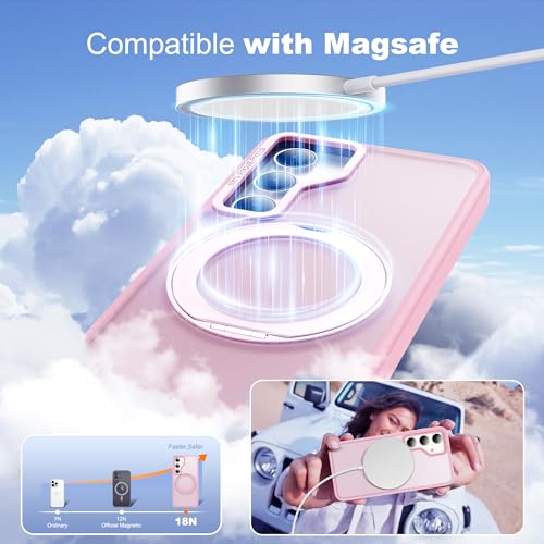 Image of for Samsung Galaxy S25 Plus Case with 360Rotatable Magnetic Ring Stand Compatible with Mag-Safe Military Protection Shockproof Matte Translucent Phone Cases for Galaxy S25+,Pink