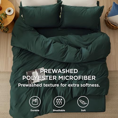 Image of Bedsure Duvet Cover Queen Size with Fitted Sheet - 4 Pieces Prewashed Cotton-Like Polyester Extra Soft Bedding Set, Includes 1 Duvet Cover 90x90 Inches, 2 Pillow Shams, 1 Fitted Sheet, Forest Green