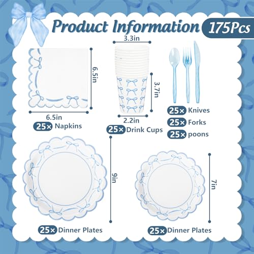 JarThenaAMCS 175Pcs Blue Bow Party Supplies Kit Scalloped Bowknot Tableware Set Disposable Dinnerware Paper Napkin Plate Cup Spoon Fork Knife for 25 Guests Party Favor