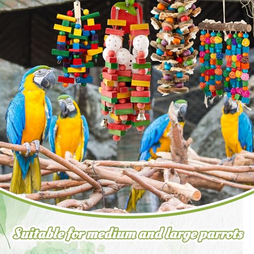 Image of Seenelling 6 Pcs Extra Large Bird Toys for Parrots, Mixed | Multicolored Natural Wooden Blocks & Beads Bells, Bird Cage Chewing Toys for Large Medium Macaws African Grey Cockatoos