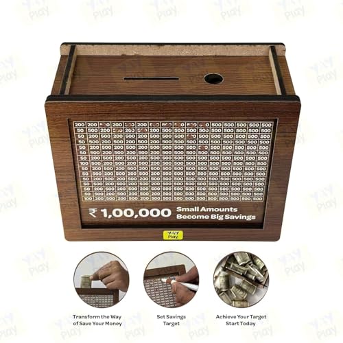 Image of Wooden Money Box, Savings Box, Mini Bank, Smart Money Box, Donation Box, Wooden Coin Box, Money Saver, Piggy Bank with Saving 100000 for Kids & Aduls etc. (Medium)