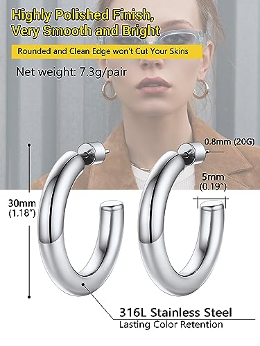 Image of Stainless Steel Chunky Hoop Earrings For Women, Minimalist and Chic, Black /Gold Plated, Round Hoops Earrings Hypoallergenic, Size: 30mm /40mm /60mm /80mm, Come with Box