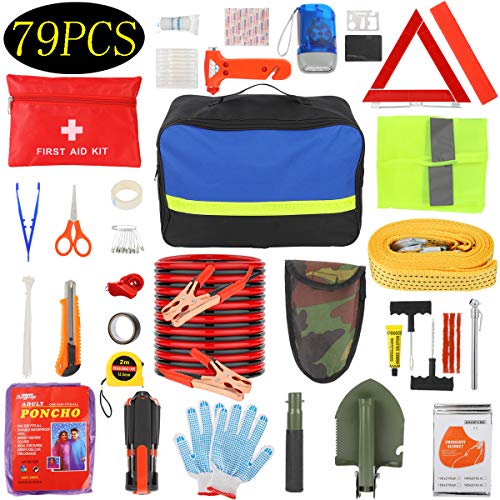 Manfiter Car Emergency Kit with Jumper Cables-19.68 ft,Roadside Emergency Car Kit First Aid Kit,Tow Rope,Reflective Warning Triangle,8-in-1 Screwdriver,Tire Pressure Gauge, Window Breaker,79 Pieces