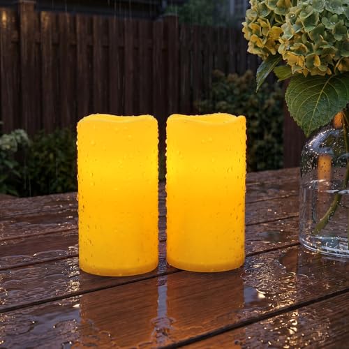 Raycare 3'x6' Outdoor Waterproof Flameless Candles-Auto Light Sensor Dusk to Dawn, 2Pcs Flickering LED Candle, Battery Operated Electric Fake Pillar Candle for Garden, Porch, Patio, Lantern Decor