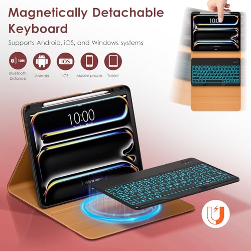 Image of DTTO for iPad Pro 13 Inch Case with Keyboard M5 /M4 2025 /2024, 7 Colors Backlit Wireless Detachable Keyboard Premium Leather Folio Cover with Pencil Holder & Pocket, Burgundy Red